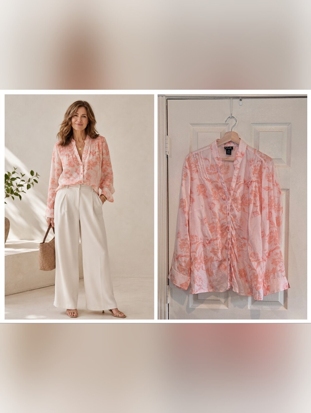 100% Linen Floral Blouse Womens Size 16 Peach Pintuck Button Front Rafaella